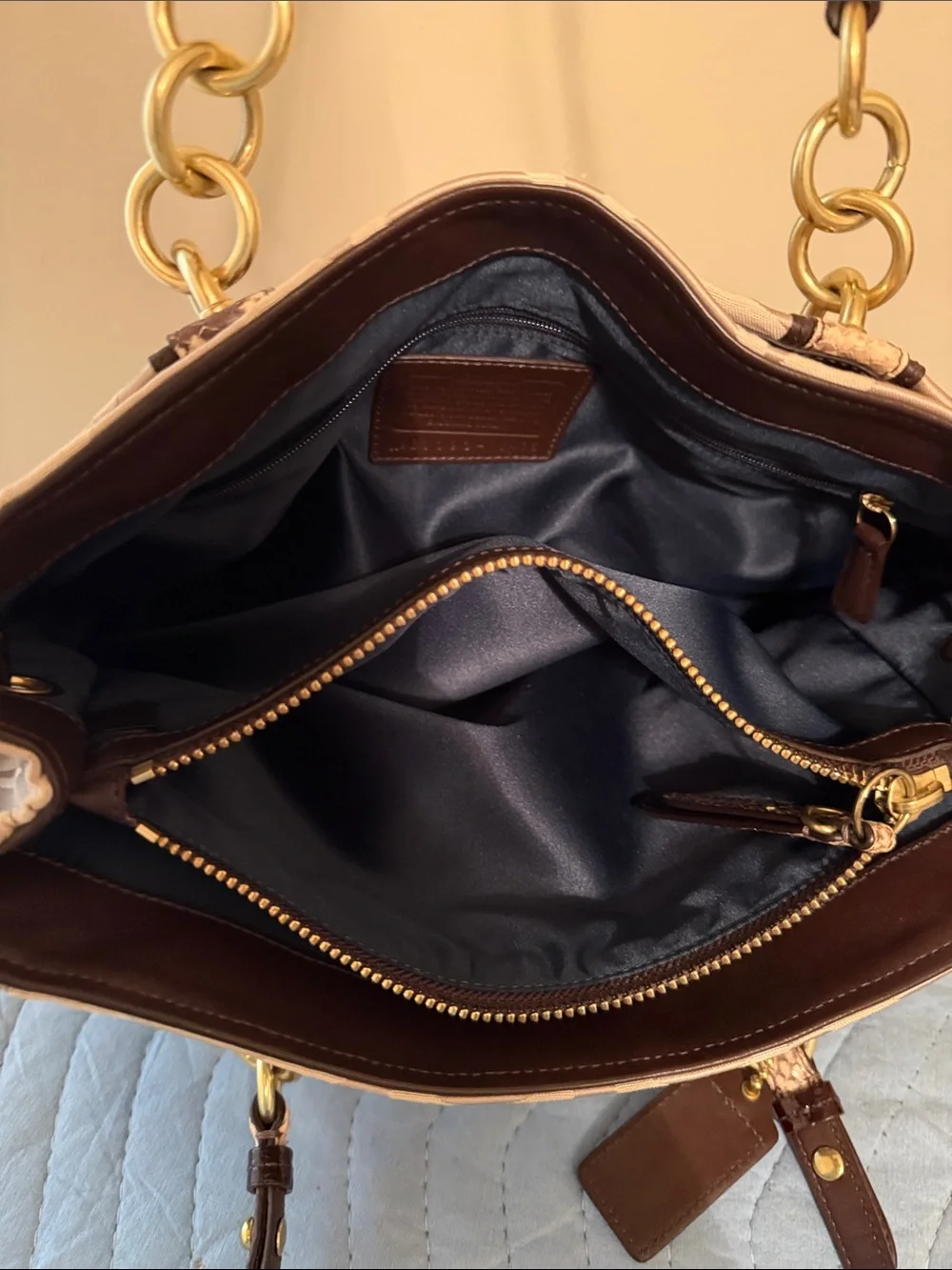 Coach Beige Signature Canvas Shoulder Tote with Dark Brown Trim